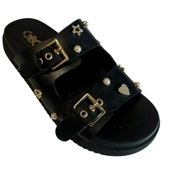 GBG GG Juliana T  Rhinestone Pearl Double Strap Black Platform Slide Sandals 8M - Picture 1 of 14